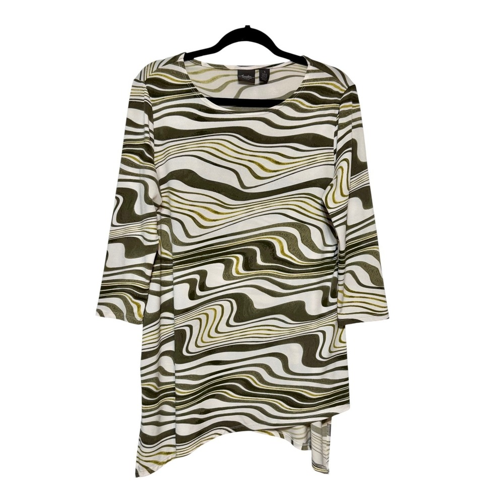 Chico's Travelers Tunic Top Size M Artsy Abstract Wavy Swirl Print 70s Mod Retro